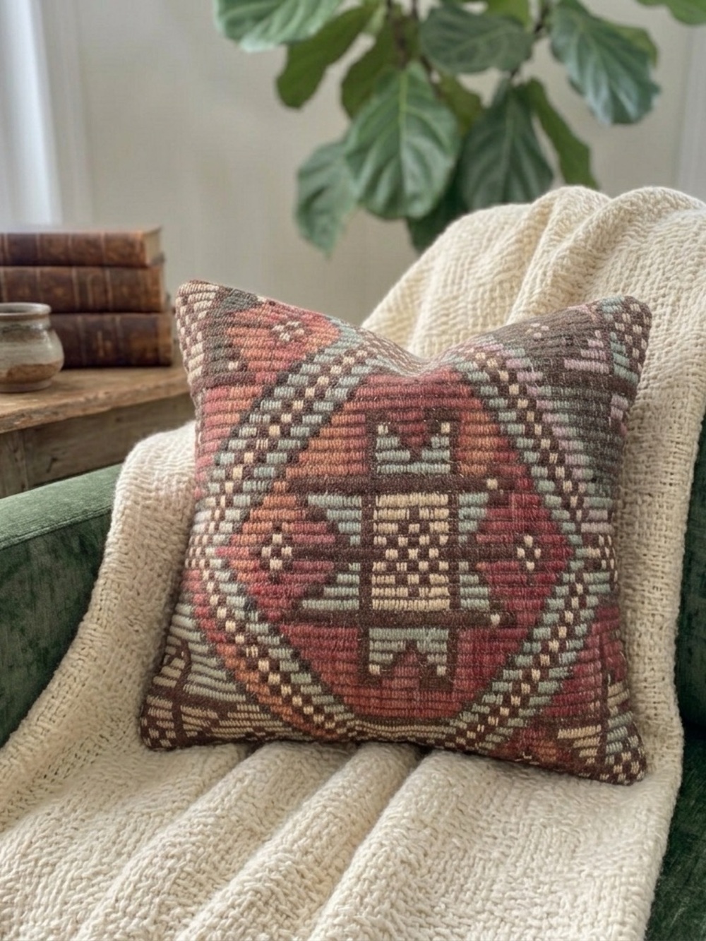 Vintage Turkish Kilim Pillow Cover 16x16 Boho Wool Rug Cushion
